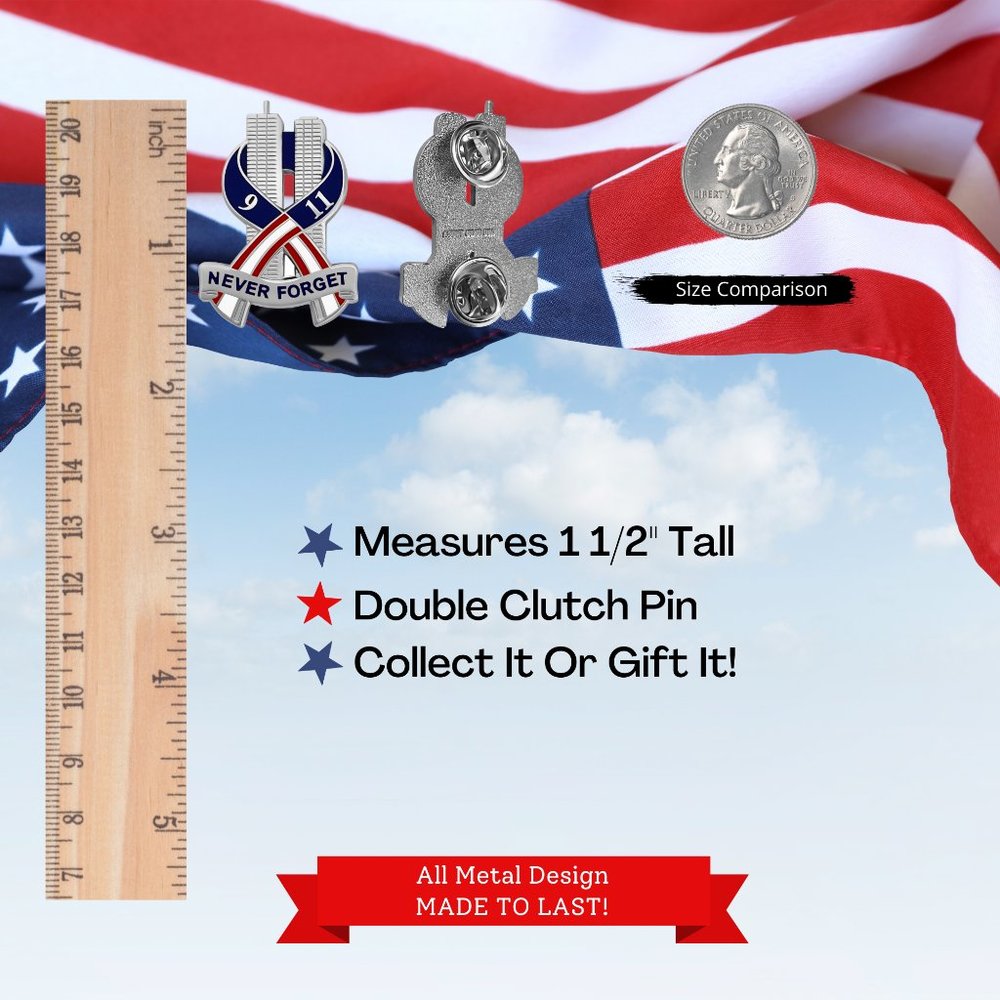 9-11 Pin Never Forget Collectible Lapel Pin - September 11th  - Silver Tone - Picture 2 of 3